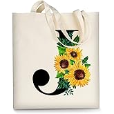 AUSVKAI Canvas Tote Bag Aesthetic for Women, Cute Sunflower Initial Personalized Initial Birthday Reusable Bags for Grocery Shopping Beach