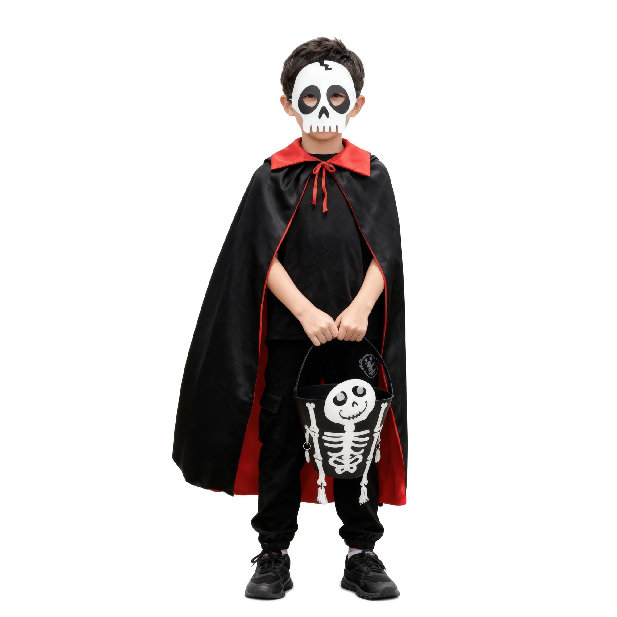 Halloween Vampire Cape Black Red Stand-Up Collar Cape, Felt Masks Dress Up- Adjustable Sizes, Halloween Basket Kids Candy Tote Bucket, Easter halloween Christmas Cloak Fancy Dress Accessory Kit