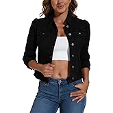 Anienaya Women's Jean Jacket Cropped Denim Jacket Stretchy 3/4 Puff Sleeve Distressed with Pockets