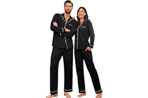 Ekouaer Couple Matching Pajamas 100% Cotton Long Sleeve Sleepwear Button Down Loungewear Pjs Set S-XXL