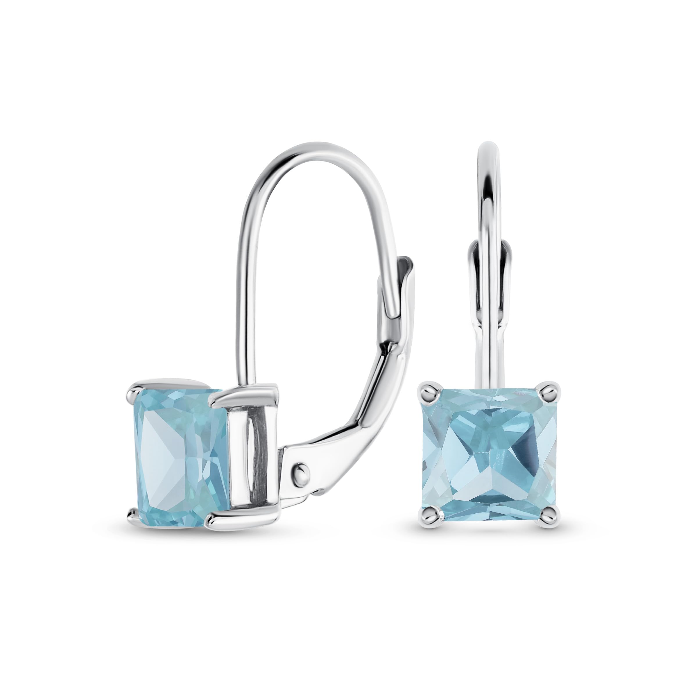 Classic Bridal Princess Cut Aqua Blue Cubic Zirconia Solitaire Square AAA CZ Leverback Earrings For Women .925 Sterling Silver — image 1