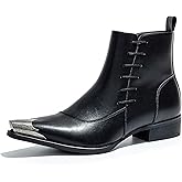 POTENCE STAR Men's Western Pointed Toe Ankle Boots with Metal Toe Cap Side Zipper Dress Boots