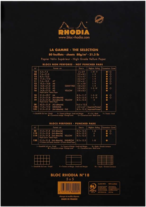 RHODIA 182009C, Stapled Notepad N°18 Black, A4, Small Squares, 80 Detachable Sheets, 80G Clairefontaine Paper, Soft - Image 4