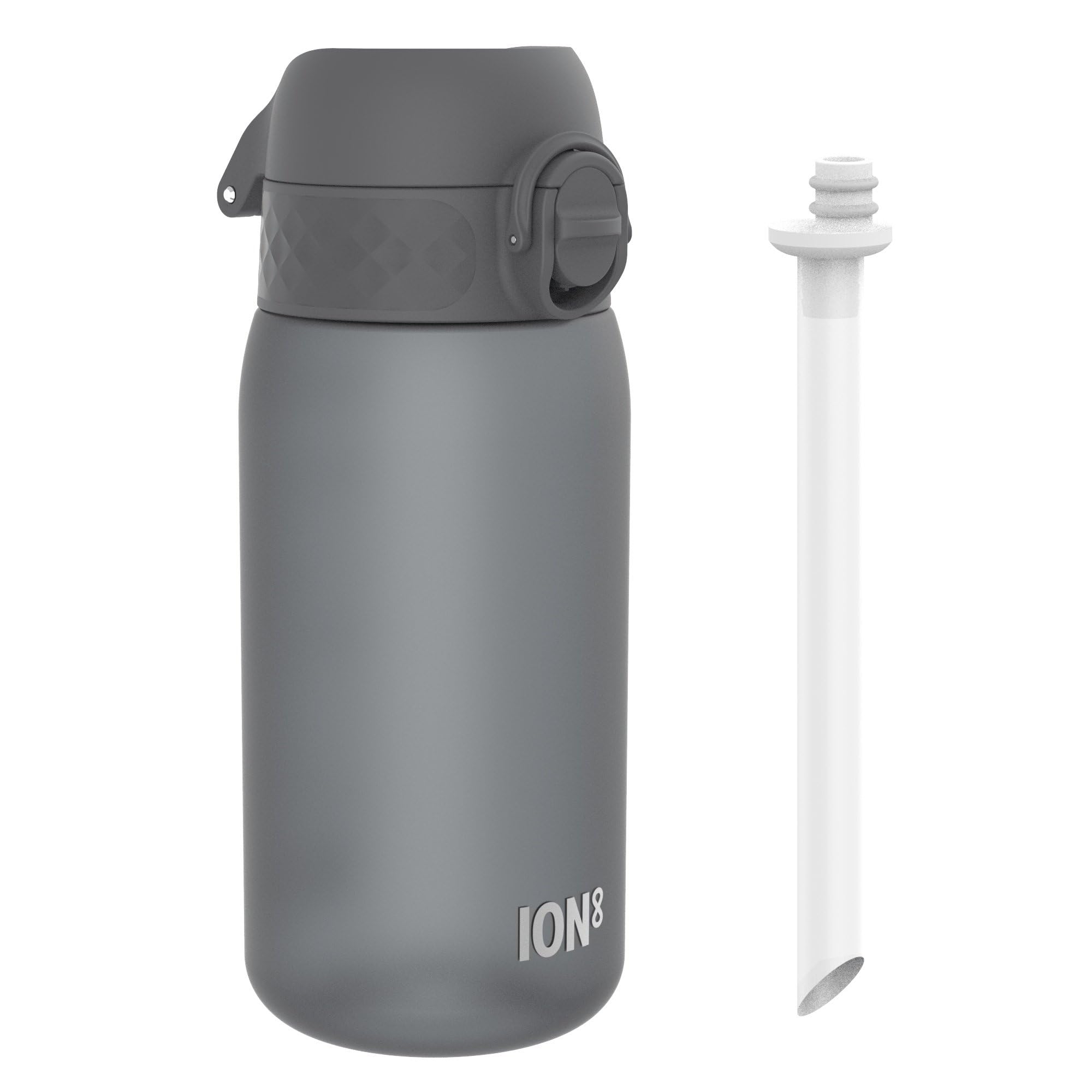 ION8 Kids Water Bottle 350ml/12oz Leak Proof & BPA Free Drinking Bottle with Straw, Triple Lock Lid to Prevent Spills & Integrated Handle, Ideal for Little Hands & Lunch Boxes,Recyclon Grey with Straw