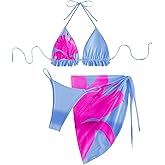 Verdusa Women's 3 Piece Floral Halter Bikini Sets Colorblock Ruffle High Cut Swimsuits with Cover Up Skirt