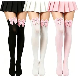 Uxdacc 3 Pairs Thigh High Stockings with Pink Bows, Cute Cosplay Thigh High Socks, Over Knee High Long Stockings for Women