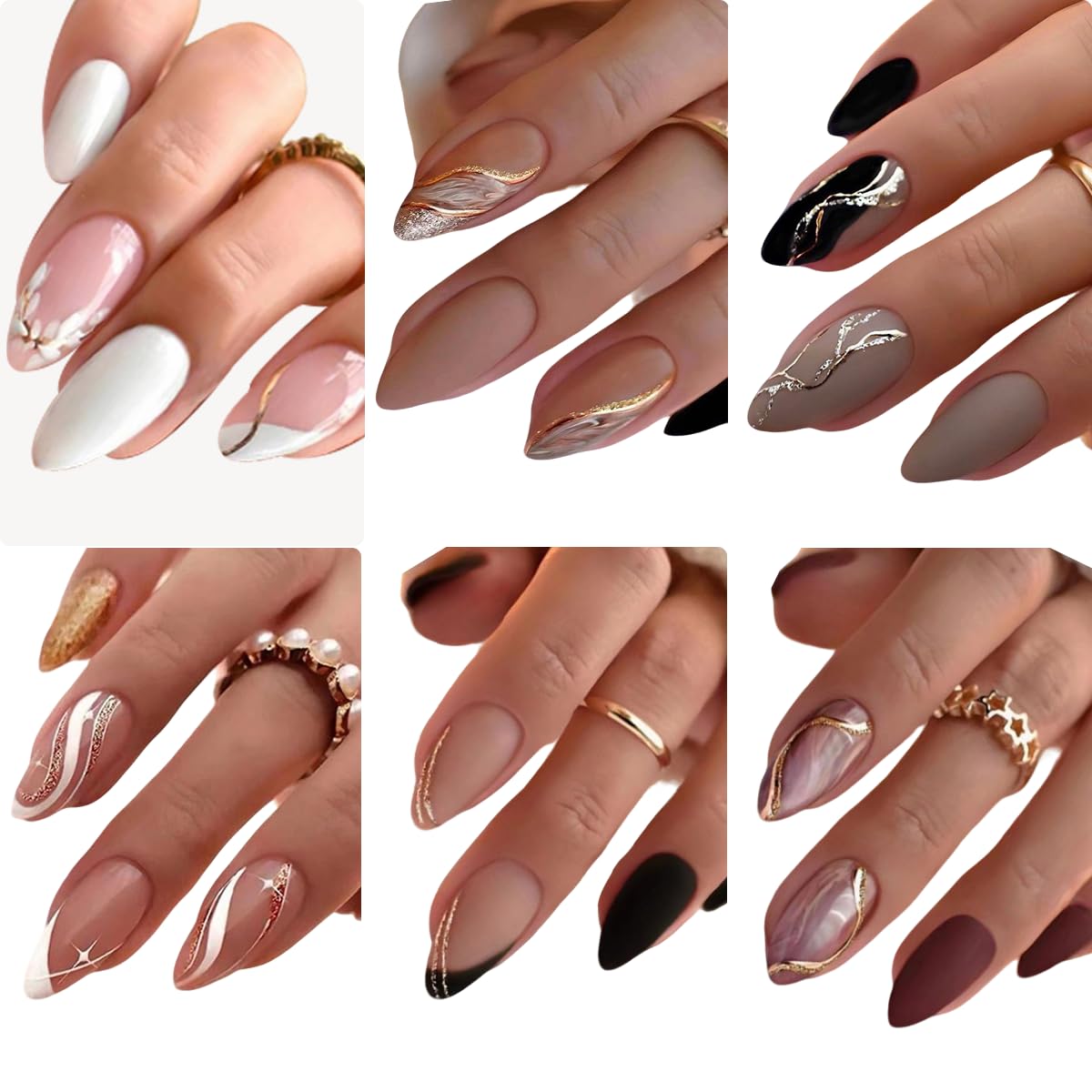 Photo 1 of 144 Pcs Press on Nails Medium Almond Fake Nails French Tip False Nails with Designs Glue on Nails Full Cover Acrylic Stick on Nail for Women Manicure 6 Packs
