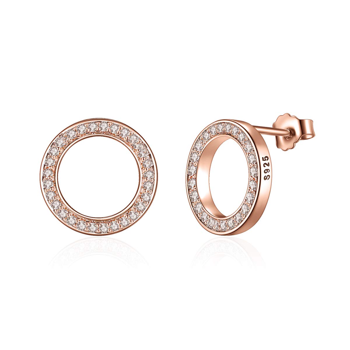 Kämise Silver Stud Earrings for Women, 925 Sterling Silver Rose Gold Small Hollow Circle Studs Earrings, Hypoallergenic Sleeper Earrings with White Cubic Zirconia, Gift for Anniversary Birthday