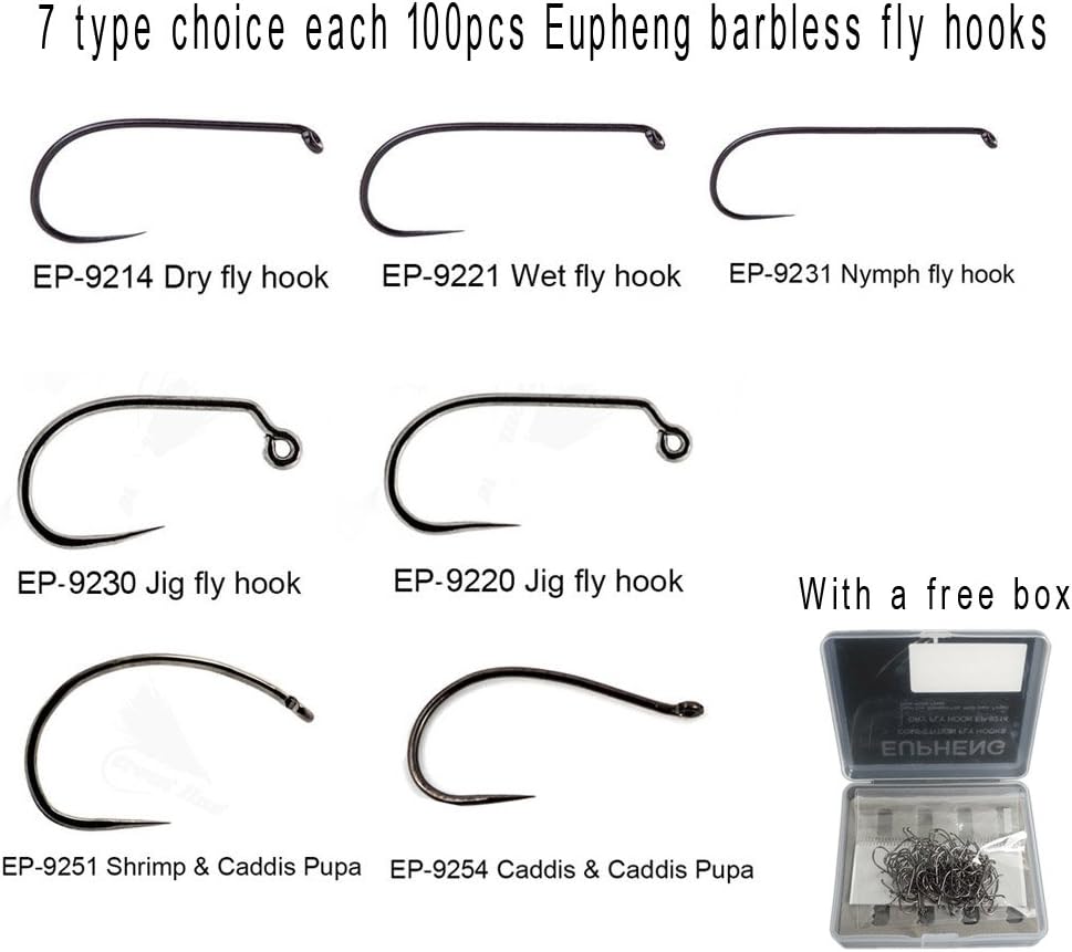 Eupheng 100pcs Plus Best Barbless Fishing Hooks Competition Fishing Hook Dry Nymph Strimp&Pupa Pupa& Larva jig Fly Hooks with Free Mini Fly Box
