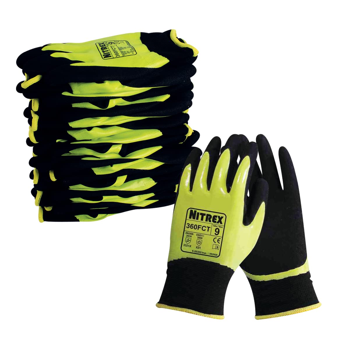 NITREX 360FCT Work and Safety Gloves, Bag of 10 Pairs - Double Dipped Thermal Yellow Gloves with Sandy Nitrile Palm Coating in Black/Neon Yellow, Size 9