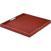 20x20 Inches Large Brown Faux Leather Wrapped Wood Ottoman Tray with Handles for All Occasions, Serving Food Breakfast On Bed, Home Decor Decorative, Living Room,Square Coffee Table Organizer