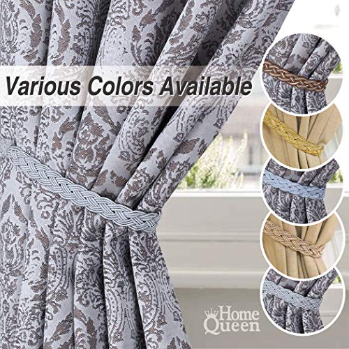 Home Queen Hand Braided Curtain Tie Back, Buckle Holdback Drapery Curtain Tiebacks, 2 Rope Belt Curtain Tie with 2 Metal Hooks, Grey