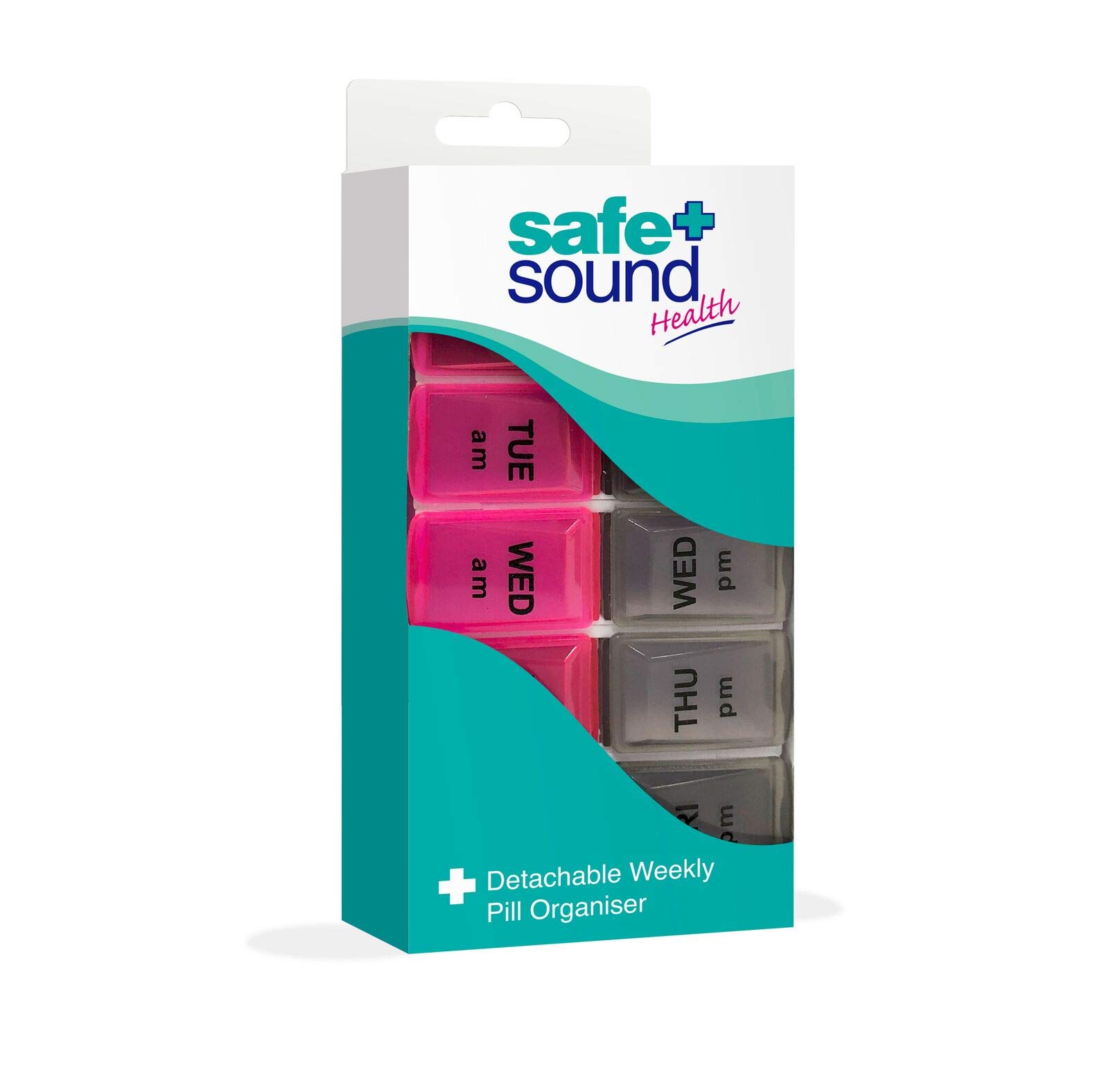 Safe and Sound Detachable Weekly Pill Organiser. Dual-colored AM/PM Colors Received May Vary.
