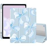 AdorableWhimsy Cute Bow Ribbon Case for iPad (A16) 11th Generation 2025 11 Inch/iPad 10th Generation 2022 10.9 Inch with Pencil Holder Blue Bow Aesthetic Girly Trifold Stand Leather Cover Clear Back