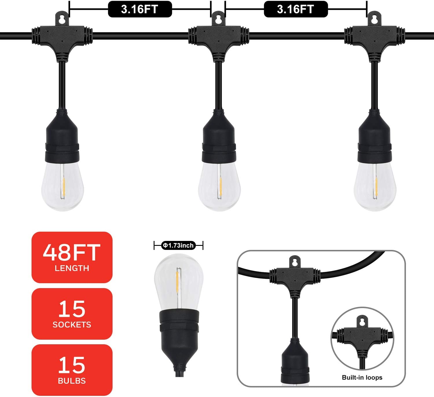 Honeywell 48 FT Outdoor String Lights, Commercial Grade Waterproof LED Patio Lights, 15 Plastic E26 Bulbs, Create Cafe Lighting Ambience in Your Backyard - - 