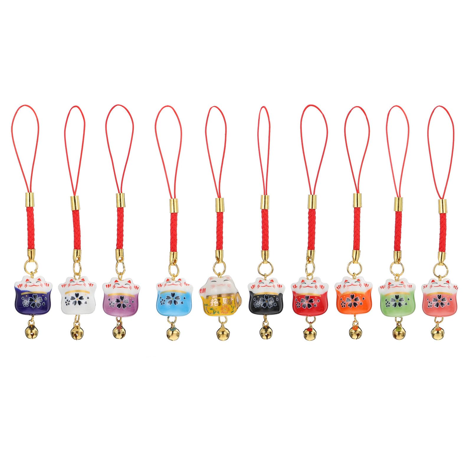 UKCOCO 10pcs Lucky Cats Keychain Mini Ceramic Japanese Maneki Pendant Fengshui Wealth Mascot Car Rear View Mirror Charms