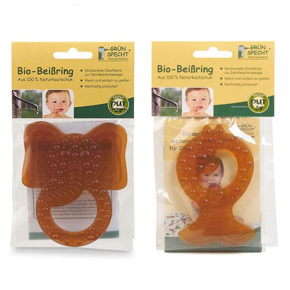 Gruenspecht Natural rubber teething ring, double pack, set of 2, without harmful substances, silicones and chemical plasticisers.