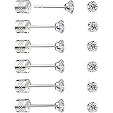 Threadless Flat Back Stud Earrings, 6 Pairs Titanium Hypoallergenic Earrings for Women Men, Cubic Zirconia Silver Gold Stud Earrings Surgical Stainless Steel Stud Earring Set for Cartilage 2-8mm
