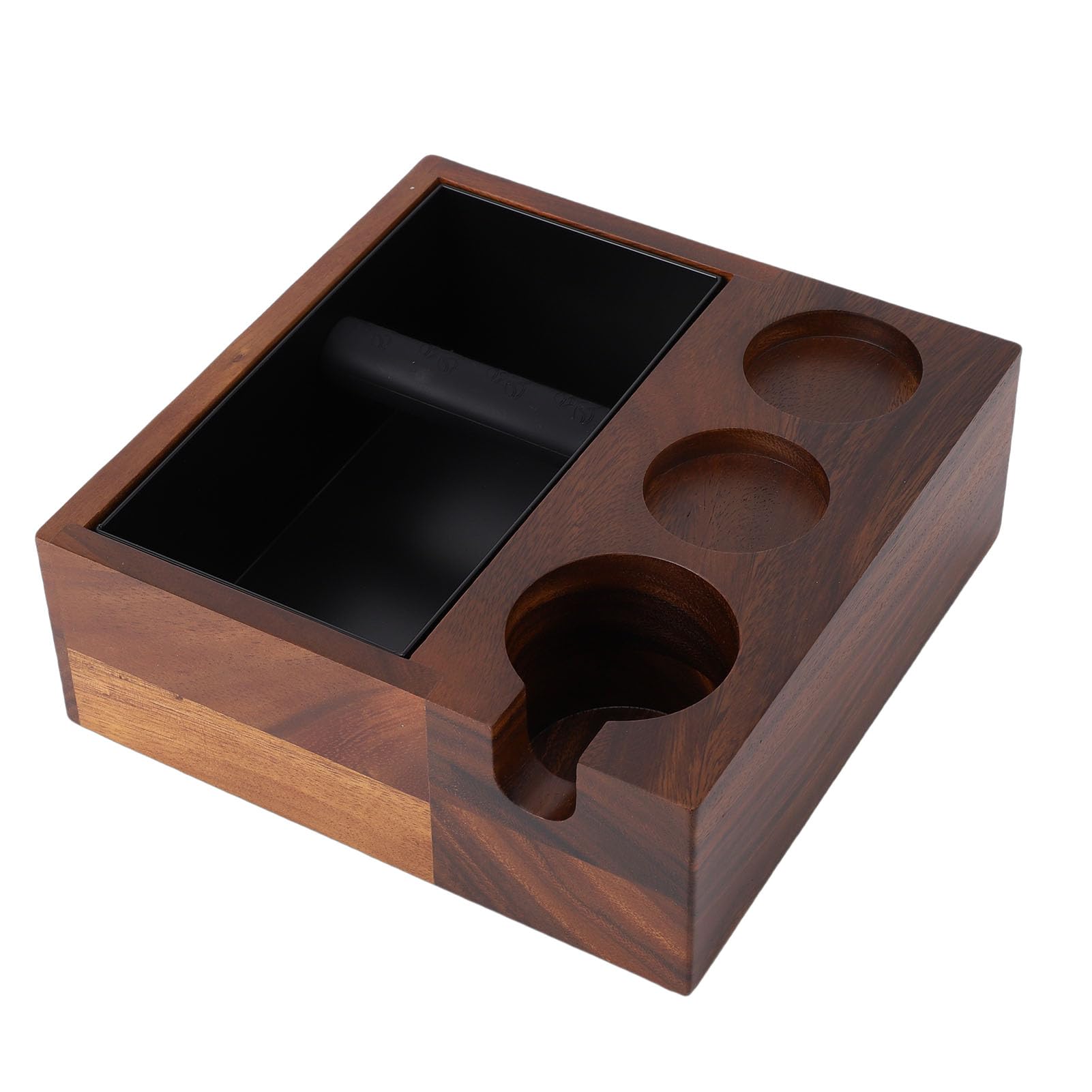 Zunate 4 In 1 Wooden Knock Box, 58MM Coffee Distributor Knock Box with Removable Embedded Stainless Steel Coffee Grounds Box and Foot Pad, Tamper, Portafilter Stand