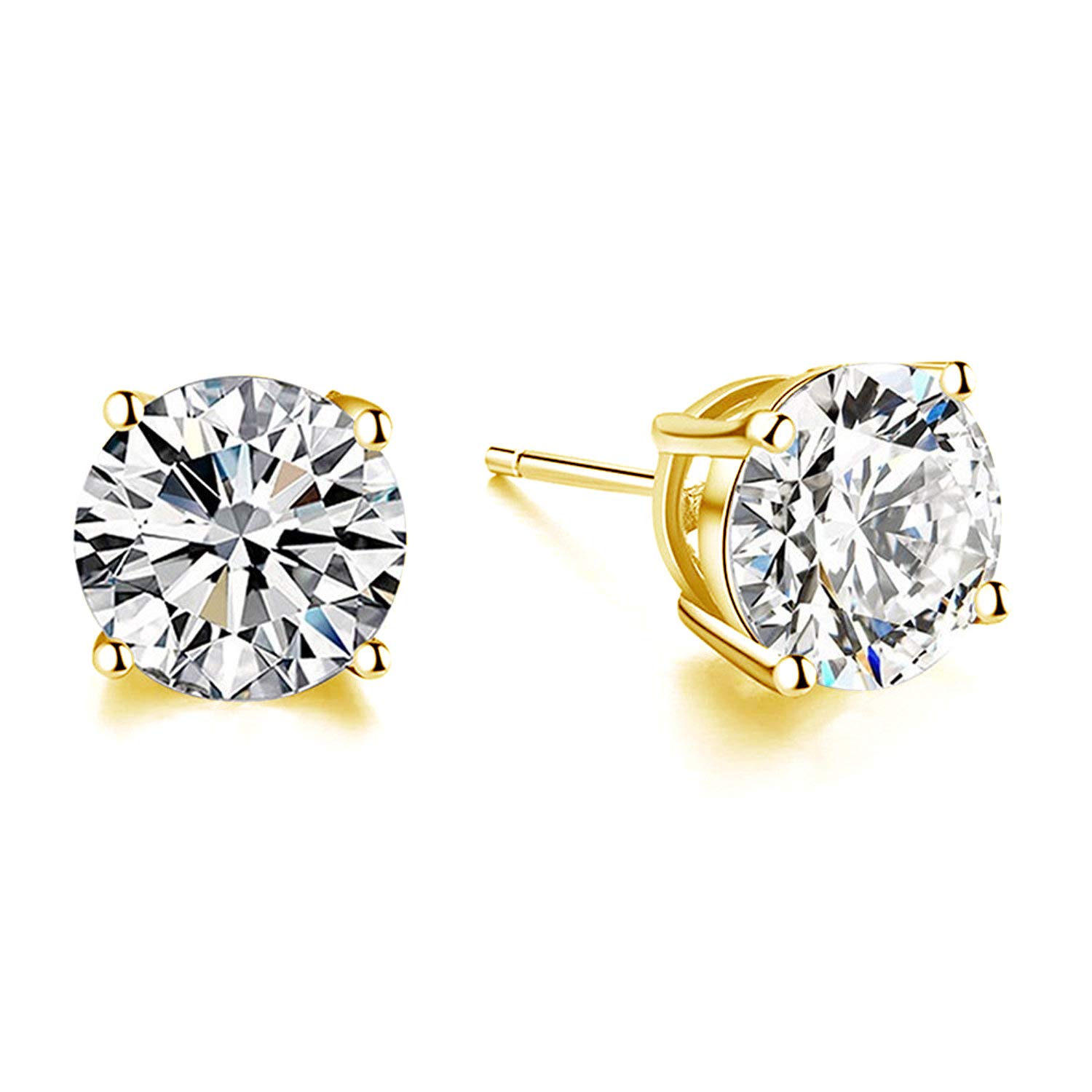 18K White Gold Plated Hypoallergenic CZ Studs Earrings, 925 Sterling Silver Cubic Zirconia Earrings, Simulated Diamond Stud Earrings Jewellery for Her Women (6mm Yellow Gold Plated)