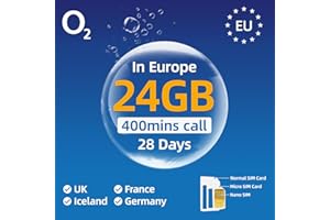 GIFFGISS Prepaid Europe SIM Card - 24GB High Traffic Card, O₂ International Sim Card for 28 Days,UK SIM Card Support Hot spot for iPhone/Android Mobile Device
