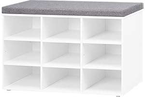DINZI LVJ Shoe Storage Bench with Cushion, Cubby Shoe Rack with 9 Cubbies, Adjustable Shelves, Multifunctional Shoe Organizer Bench for Entryway, Mudroom, Hallway, Closet and Garage, White