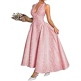 ChiaoLezhee Jacquard Maxi Dress, V Neck A Line, Wedding Guest Prom, Halter Corset Pastel Tea Party Vacation Semi Formal