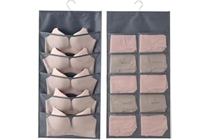 Gray 2 in 1 Hanging Bra & Panty Organizer Front 5 Large Pockets & Back 10 Small Slots, Closet Wall Mountable Underwear Storag