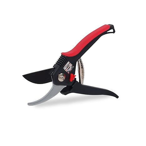 Pepper Agro Garden Scissors Pruning Bypass Secateurs Flower Cutter Branch Trimmer Carbon Steel Blade with Lock Red and Black Handle Set of 1