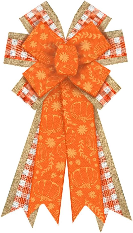 Bows & Ribbons - Large Fall Wreath Bows Thanksgiving Bows Orange Pumpkin Plaid Burlap Bows for Wreaths, Fall Ribbon Bows Tree Topper Bows for Thanksgiving Home Indoor Outdoor Decoration Wreath Ornament Supplies