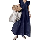 utcoco Womens Long Denim Dress Casual Loose Fit Ruffle Sleeveless V-Neck Jean Maxi Dresses for Women 2025