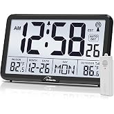 WallarGe Atomic Clock with Backlit, Indoor Outdoor Temp, Battery Operated | 8.5" Auto Set Digital Wall Clock with Day, Date and Auto DST, Easy to Read for Bedroom, Classroom, Office &amp; Living Room