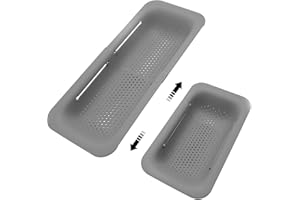 KESAPLAN Collapsible Sink Colanders and Strainers Basket Over the Sink Colander Collapsible Colander Extendable Plastic Fruit Vegetable Strainer Drainer Basket for Kitchen (Length 14.3 inch-19.4 inch) (Gray)