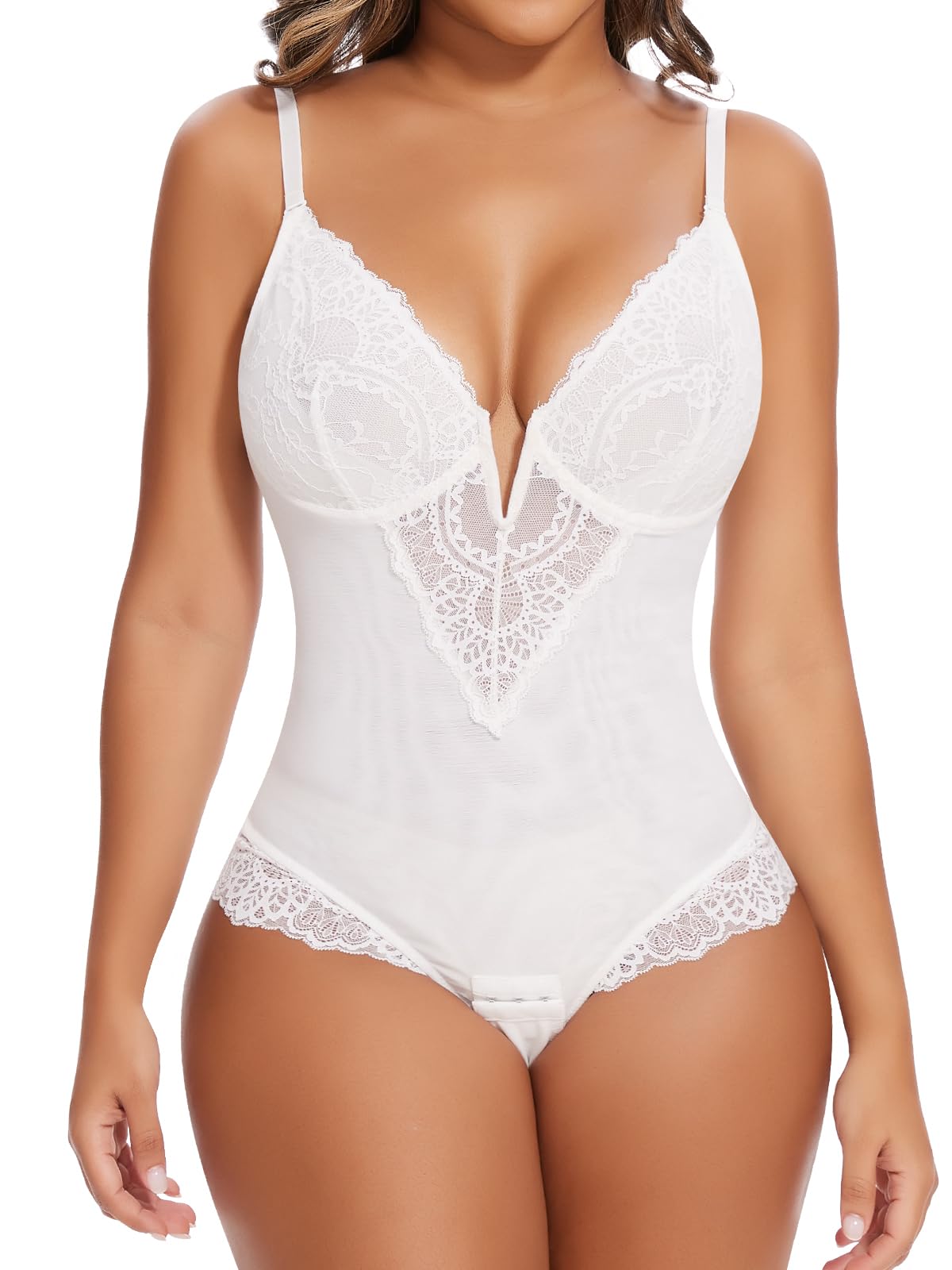 Photo 1 of SHAPERIN Lace Bodysuits for Women Shapewear Tummy Control Sexy Corsets Tops Going Out Backless Lace Body Suits Thongs White L