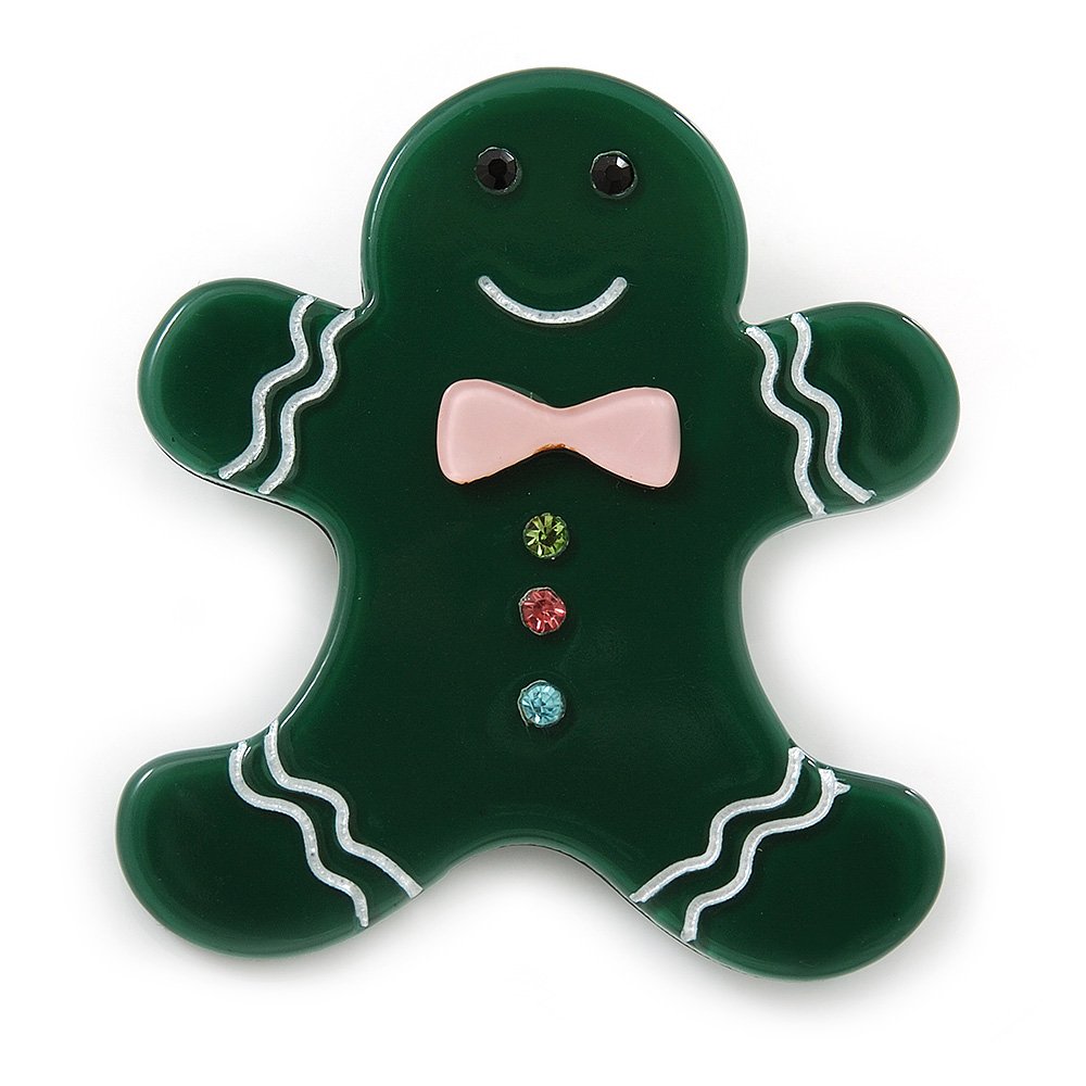 Dark Green Austrian Crystal Acrylic 'Gingerbread Man' Brooch - 45mm Length