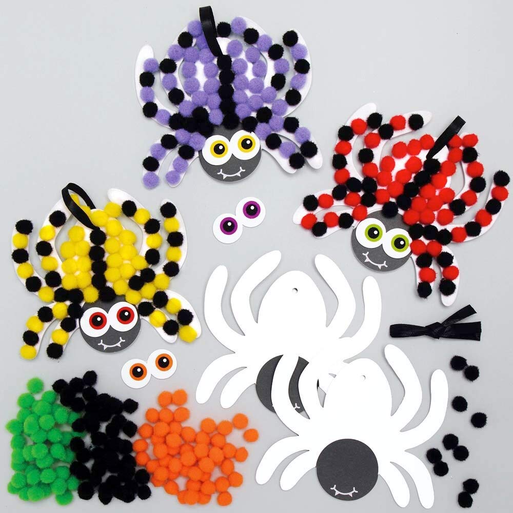 Baker Ross Spider Pom Pom Art Kits - Pack of 5, Halloween Craft Kits for Kids, Kids Make Your Own Halloween Decorations (AX261), Yellow,Orange,Green,Red,Purple