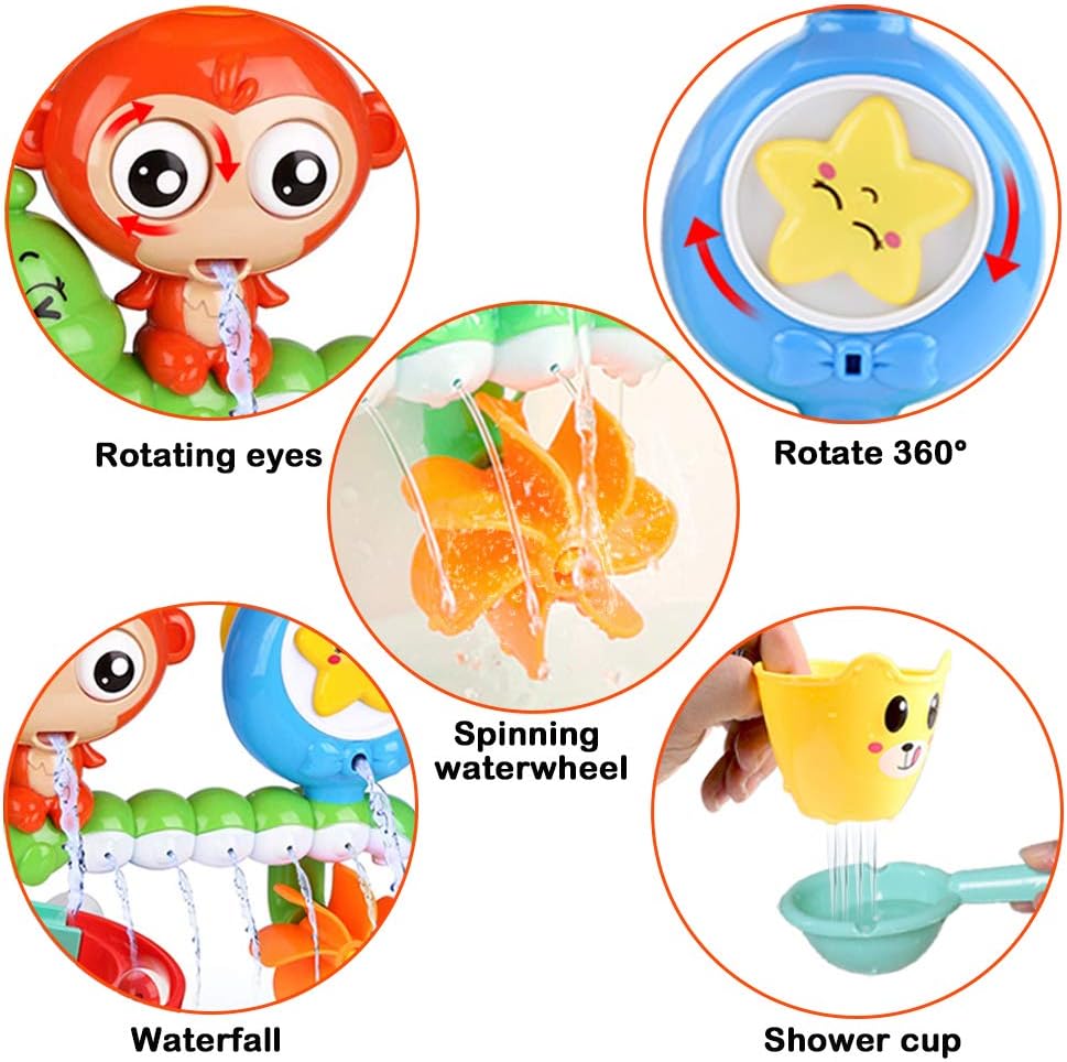 G-WACK Bath Toys for Toddlers Age 1 2 3 Year Old Girl Boy, Preschool New Born Baby Bathtub Water Toys, Durable Interactive Multicolored Infant Toy, Lovely Monkey Caterpillar, 2 Strong Suction Cups: Toys & Games