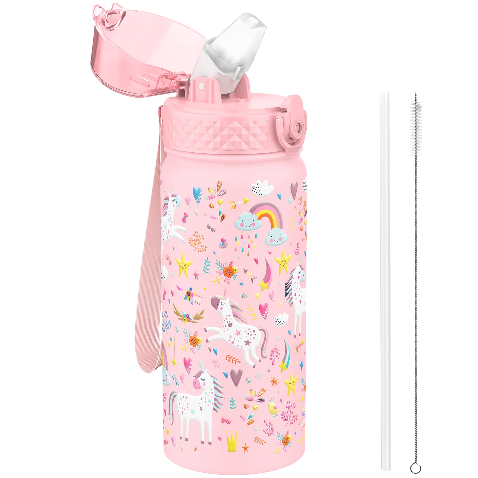 GOPPUS 550ml/18oz Kids Insulated Water Bottle with Straw Cute Double Wall Stainless Steel Child's Small Flask Vacuum Insulated Steel Metal Leak Proof Drink Flask Boys Toddler Girls Bottles BPA-Free