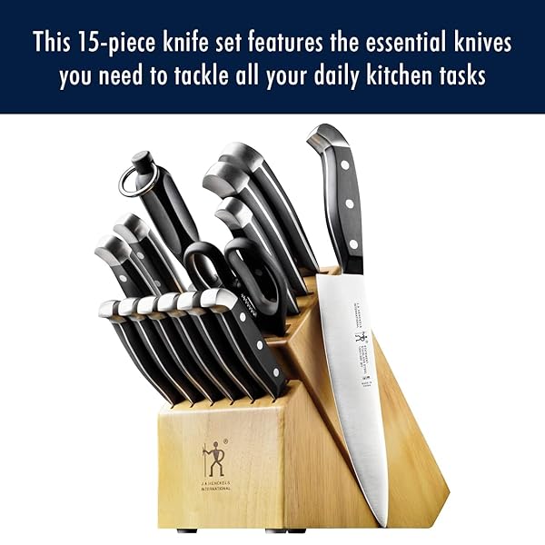 HENCKELS PREMIUM QUALITY 15-PIECE KNIFE SET WITH BLOCK, RAZOR-SHARP, GERMAN ENGINEERED KNIFE INFORMED BY OVER 100 YEARS OF MASTERFUL KNIFE MAKING, LIGHTWEIGHT AND STRONG, DISHWASHER SAFE