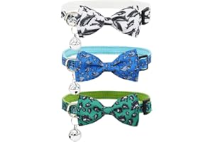 BARLEYGOO 3 Pack Shark Cat Collar Breakaway Adjustable Nylon Collars with Removable Bow Tie and Bell Blue Green and White