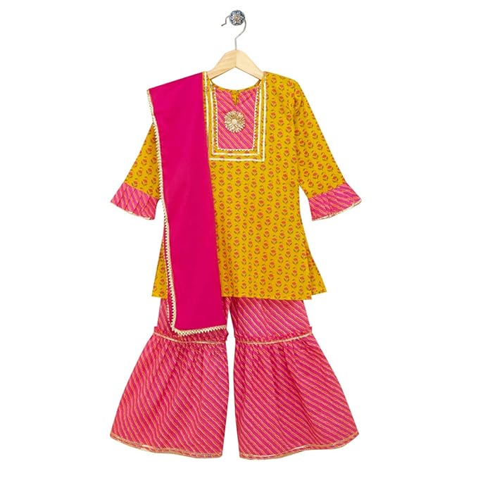 LIL PITAARA By Hopscotch Girls Cotton Kurti,Sharara Set With Dupatta in Multi Color