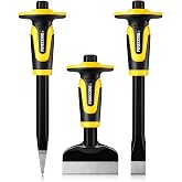 Concrete Chisel Set, Firecore 3PCS Stone Chisel Tool with Rubber Hand Guard | Heavy Duty Point Flat Cold Chisel for Concrete Stone Brick Rock Tile Mortar Breaking Demolishing Carving Splitting Cutting