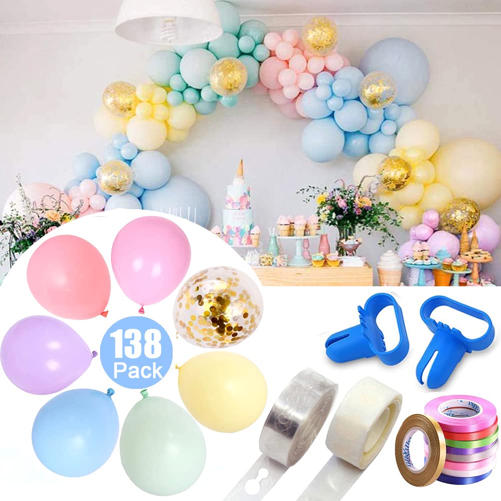 138Pcs Pastel Balloon Arch Kit - 50 x 5" & 10" Balloons + 12" Gold Confetti + 5m Arch Strip + Tying Tools & Dot Glue + 10m Ribbon