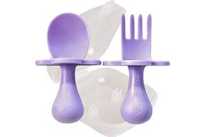 Grabease Baby Feeding Utensil Set - Ergonomic Self-Feeding & Toddler Spoon & Fork - Sturdy Plastic Training Silverware for Toddlers - Travel Pouch & Silverware for 1-Year-Olds - Lavender, Pack of 1