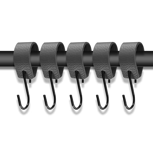 FutrLiv Premium Leather Loop S Hooks - Black & Cognac - Multi-Purpose Coat Hooks - Pack of 5 - Perfect for Wardrobe, Kitchen, Bathroom, and Camping