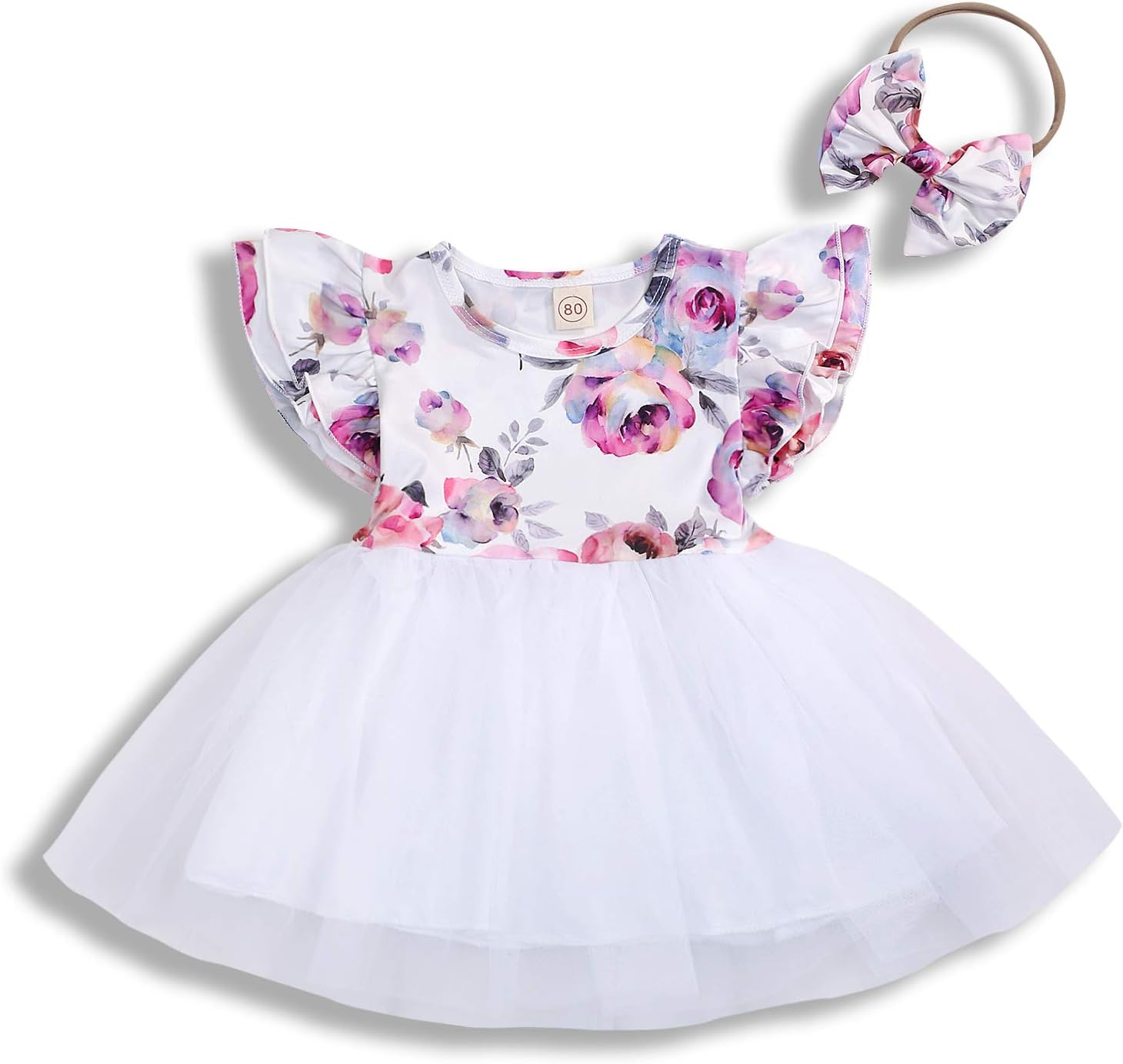 Baby Girls Floral Tulle Dress Newborn Girls Flower Ruffles Short Sleeve Tutu Skirts + Headband Outfits