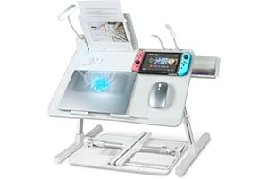 iXTRA Laptop Lap Desk with Cooling Fan - Adjustable with Light, USB, Storage Drawer - Folding Bed Desk,22.04"*12.59",White