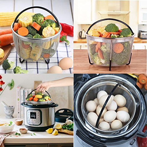 HAIOOU Steamer Basket, 6 Quart Instant Pot Food-grade Stainless Steel Pressure Cooker Accessories Strainer with Silicone Covered Handle and Non-Slip Legs Great for Steaming Vegetables Fruits Eggs