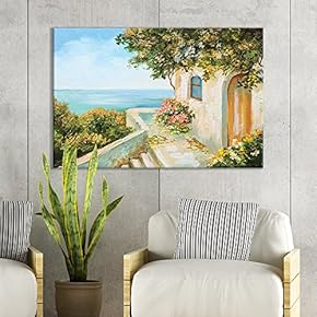 of European Villa with Greenery Overlooking Ocean Oil Painting