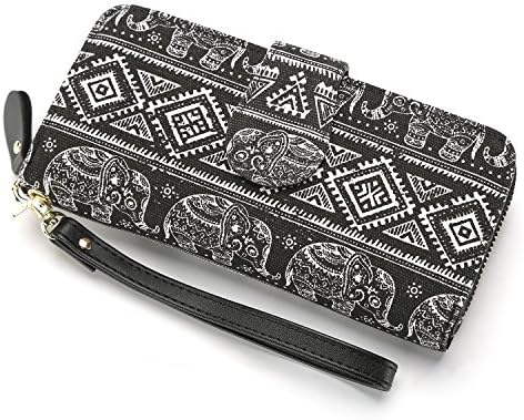 Women Wallet Zipper Around Bohemian Purse Canvas Wallet Elephant Pattern Long Clutch Phone Card Handbag with Strap Coin Pocket (Black B, One Size)